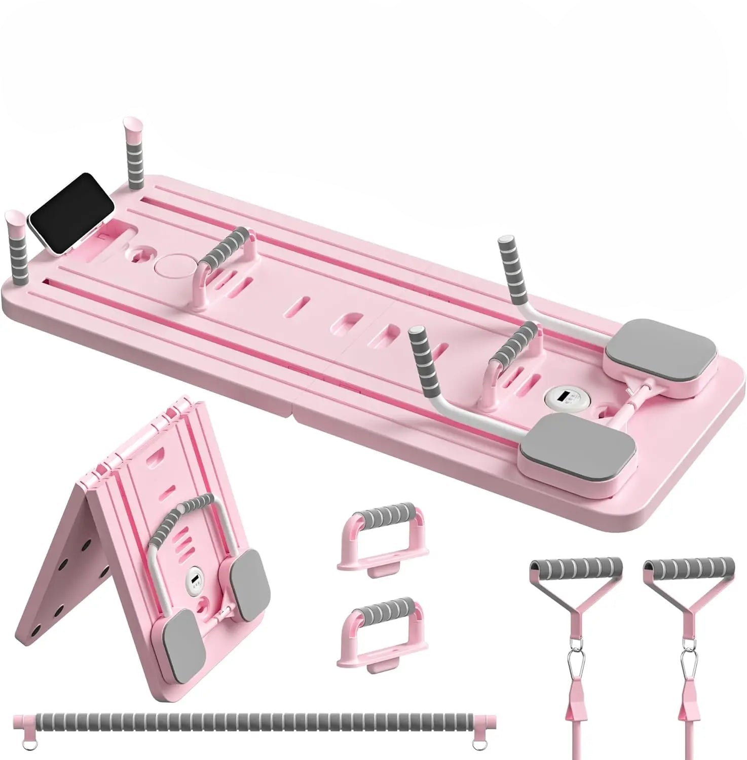 Planche Pilates Multifonction Pliable avec Bandes de Résistance et Barre Intégrée